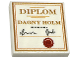 Part No: 3068pb2115  Name: Tile 2 x 2 with Copper 'DIPLOM DAGNY HOLM', Black Signature, Red Stamp with 'HI' and Border Pattern