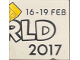 Part No: 3068pb2192  Name: Tile 2 x 2 with LEGO World Logo Right Half, '16-19 FEB', 'RLD' and '2017' Pattern