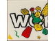 Part No: 3068pb2196  Name: Tile 2 x 2 with LEGO World Logo Left Half, 'WO', Minifigure with Dark Tan Cap, Bricks, Star and Yellow Triangle in Corner Pattern