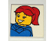 Part No: 3068pb2317  Name: Tile 2 x 2 with Minifigure with Blue Torso and Red Hair Ponytail Pattern