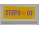 Part No: 3069pb0272  Name: Tile 1 x 2 with Orange Star and Medium Lavender 'STEPH 01' on Yellow Background Pattern (Sticker) - Set 3183
