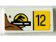 Part No: 3069pb1441  Name: Tile 1 x 2 with Jurassic World Logo, Medium Nougat Mud and Black '12' on Yellow Background Pattern (Sticker) - Set 76958