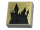 Part No: 3070pb297  Name: Tile 1 x 1 with Black Castle Silhouette and Dots and Sparkle on Gold Background Pattern (HP Hogwarts)