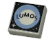 Part No: 3070pb316  Name: Tile 1 x 1 with 'LUMOS', Bright Light Blue Circle, Dots and Sparkle on Black Background Pattern