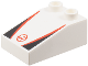 Part No: 35114pb009  Name: Duplo, Brick 3 x 2 Slope 33 with Haas Formula 1 Logo Stylized Capital Letter H in Circle, Red Stripes, Black Triangles Pattern