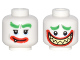 Part No: 3626cpb1775  Name: Minifigure, Head Dual Sided Bushy Green Eyebrows, Thick Red Lips, Bright Light Yellow Sharp Teeth, Grin / Wide Open Mouth Smile Pattern (The Joker) - Hollow Stud