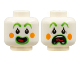 Part No: 3626pb2889  Name: Minifigure, Head Dual Sided Clown Bright Green Eyebrows and Lips, Orange Circles on Cheeks, Red Tongue, Open Smile / Scared Pattern