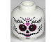 Part No: 3626pb3099  Name: Minifigure, Head Alien Female La Catrina with Black Eyebrows, Triangular Nose, Stitched Mouth, Dark Red Eyes, Dark Pink Lips and Heart Pattern (BAM)