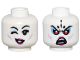 Part No: 3626pb3498  Name: Minifigure, Head Dual Sided Female Medium Lavender Cheek Lines, Magenta Lips, Medium Blue Eye Shadow, Winking / Red Eyes Angry Pattern