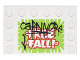 Part No: 6180pb093  Name: Tile, Modified 4 x 6 with Studs on Edges with Black 'CaRNIVORe' Graffiti over Red and White 'FREE FALL!' Pattern (Sticker) - Set 76035