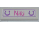 Part No: 63864pb015  Name: Tile 1 x 3 with Medium Lavender Horseshoes, Dark Pink 'Niki' Pattern (Sticker) - Set 3189