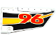 Part No: 64682pb016  Name: Technic, Panel Fairing #18 Large Smooth, Side B with Red '96' and Yellow, Orange and White Stripes on Black Background Pattern (Sticker) - Set 42044