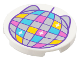 Part No: 67095pb071  Name: Tile, Round 3 x 3 with Dark Purple Disco Ball with Silver, Medium Azure, Dark Pink and Yellow Sections, Sparkles and Cat Ears Pattern