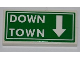 Part No: 87079pb0057  Name: Tile 2 x 4 with 'DOWN TOWN' and White Arrow on Green Background Pattern (Sticker) - Set 8197
