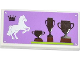 Part No: 87079pb0148  Name: Tile 2 x 4 with Crown, Rearing Horse and 3 Trophies on Medium Lavender Backgound Pattern (Sticker) - Set 3185