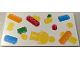 Part No: 90498pb47  Name: Tile 8 x 16 with Bottom Tubes, Textured Surface with Yellow, Orange, Dark Azure, Red and Bright Green Floating Bricks and Minifigure Pattern