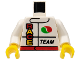 Part No: 973pb0101c01  Name: Torso Racing Jacket with Octan Logo, Red Belt, 'RACE', and 'TEAM' Pattern / White Arms / Yellow Hands