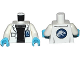 Part No: 973pb2074c01  Name: Torso Lab Coat with Pocket and ID Badge over Black Sweater, Jurassic World Logo on Reverse Pattern / White Arms / Medium Azure Hands