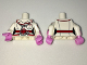 Part No: 973pb2578c01  Name: Torso Batman Female Outline with Red Trim and Belt, Stethoscope and Pockets Pattern / White Arms with Stripes and Pink Glove Cuffs / Bright Pink Hands