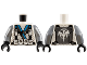 Part No: 973pb3318c01  Name: Torso Ninjago Robe with Dark Azure and Dark Silver Trim, Black Harness with Pouches and Silver Buckle, Backpack with Dragon Logo Pattern / Flat Silver Arms / Black Hands