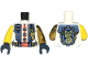 Part No: 973pb5689c01  Name: Torso Robe with Sand Blue Hems, Gold Highlighs, Tang Jacket, Coral Sash Pattern / Pearl Gold Arm Left with Armor Pattern / Yellow Arm Right / Dark Blue Hands