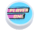 Part No: 98138pb282  Name: Tile, Round 1 x 1 with Bright Light Yellow 'PLAYER ONE' and Dark Pink Stripes on Medium Azure Background Pattern