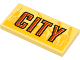 Part No: 87079pb0802  Name: Tile 2 x 4 with Red and Black 'CITY' on Bright Light Yellow Background and Yellow Skyline Pattern (Sticker) - Set 60271