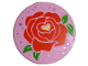 Part No: 14769pb584  Name: Tile, Round 2 x 2 with Bottom Stud Holder with Red Rose, Bright Green Leaves, Bright Light Yellow Heart and Metallic Pink Stars Pattern