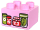 Part No: 3437pb120  Name: Duplo, Brick 2 x 2 with Lime and Red Jars with Herbs, Strawberry Jelly and Pickles Pattern
