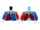 Part No: 973pb4734c01  Name: Torso Jester Collar with Gold Trim and Bells, Red and Blue Panels, White Duck Tail on Back Pattern / Red Arm Left / Blue Arm Right / White Hands