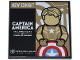 Part No: 10202pb064  Name: Tile 6 x 6 with Bottom Tubes with Tan and Dark Tan Steve Rogers Mannequin and Red, White and Medium Blue Shield, 'NEW EXHIBIT' and 'CAPTAIN AMERICA' Pattern (Sticker) - Set 76218