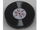 Part No: 14769pb216  Name: Tile, Round 2 x 2 with Bottom Stud Holder with Vinyl Record with Red Ninjago Logogram 'AC DC' Pattern