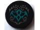 Part No: 14769pb603  Name: Tile, Round 2 x 2 with Bottom Stud Holder with Dark Bluish Gray Elves Scrollwork and Dots and Dark Turquoise Bat Wings Pattern (Sticker) - Set 41195