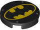 Part No: 14769pb692  Name: Tile, Round 2 x 2 with Bottom Stud Holder with Batman Bat Logo on Yellow Background and 4 Silver Dots Pattern