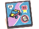Part No: 15210pb140  Name: Road Sign 2 x 2 Square with Open O Clip with Car on Lavender Road, '21' on Heart and '11' on Ribbon on Medium Azure Background Pattern (Sticker) - Set 41667