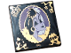 Part No: 1751pb038  Name: Tile 4 x 4 with Lavender and Dark Purple Cruella De Vil Portrait in Scalloped Oval Frame with Gold Filigree, '1961', Panther De Ville Car, Dalmatian Dog Paws, Spots and Tails Handbag Pattern