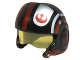 Part No: 21566c01pb01  Name: Minifigure, Headgear Helmet SW Rebel Pilot Raised Front and Microphone with Trans-Yellow Visor with Red and White Stripes and Rebel Alliance Symbol Pattern