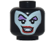 Part No: 28621pb0060  Name: Minifigure, Head Female Balaclava with Light Aqua Face, Medium Lavender Eye Shadow, Pointed Eyebrows One Raised, Red Lips, Open Mouth Smile Pattern (Maleficent) - Vented Stud