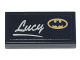 Part No: 3069pb0889  Name: Tile 1 x 2 with Script 'Lucy' and Yellow Batman Logo Pattern (Sticker) - Set 70840