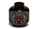 Part No: 3626bpb0799  Name: Minifigure, Head Alien Bat with Red Eyes, Light Bluish Gray Eye Shadow, Dark Bluish Gray Fur, and Open Mouth with White Fangs Pattern - Blocked Open Stud