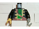 Part No: 973p36c01  Name: Torso Pirate Captain Jacket Open with Yellow Trim over Green Shirt with Neck Ruffle, Brown Strap, Belt with Buckle Pattern / Black Arms / Light Gray Hook Left / Yellow Hand Right