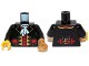 Part No: 973pb0524c01  Name: Torso Pirate Captain Jacket Open with Gold Trim and Red Pockets over Red Shirt, White Ascot Pattern / Black Arms / Pearl Gold Hook Left / Yellow Hand Right