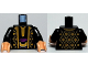 Part No: 973pb0650c01  Name: Torso Arabian Robe with Gold Trim at Neck, Gold Pattern Front and Back / Black Arms / Light Nougat Hands