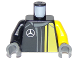 Part No: 973pb2632c01  Name: Torso Racing Suit with Mercedes-Benz Logo on Front and 'AMG' on Back Pattern / Yellow Arm Left / Black Arm Right / DBG Hands