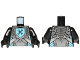 Part No: 973pb2676c01  Name: Torso Nexo Knights Armor with Pearl Dark Gray and Silver Panels and Black Crossed Wrenches on Medium Azure Pentagonal Shield Pattern / Black Arms / Black Hands
