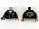 Part No: 973pb3449c01  Name: Torso Police Silver Zippers and Rivets, Gold Badge Front, Gold Emblem with Minifigure Head and Wrenches Back Pattern / Black Arms / Reddish Brown Hands