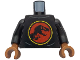 Part No: 973pb5957c01  Name: Torso Shirt with Dark Bluish Gray Creases and Red and Yellow Jurassic Park Logo Pattern / Black Arms / Sienna Hands