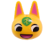 Part No: 105200pb02  Name: Minifigure, Head, Modified Cat with Pointed Ears with Molded Dark Pink Auricles and Printed Black Eyes, Green and Lime Leaf, Yellow Spots, and Magenta and Dark Pink Mouth Pattern