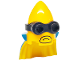 Part No: 106872pb01  Name: Minifigure, Head, Modified Minion, Pointed with Cape with Molded Black Goggles and Printed Blue Cape and Yellow Mouth Pattern