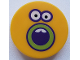 Part No: 14769pb314  Name: Tile, Round 2 x 2 with Bottom Stud Holder with Sunflower Face, Dark Purple and Lime Outlined Open Mouth and Eyes Pattern